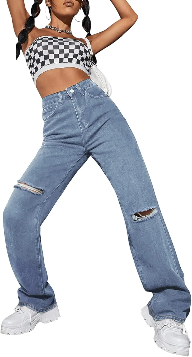 Genleck Women Loose Ripped Boyfriends Jeans High Waist Baggy Denim Pants Distressed Wide Leg Jeans Y2K