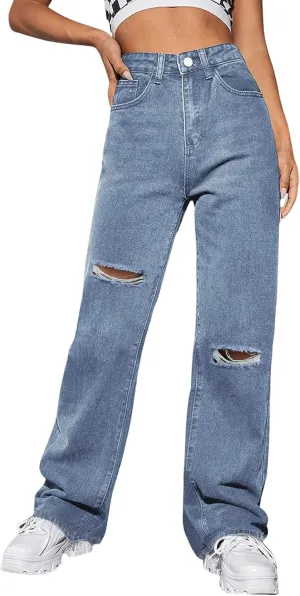 Genleck Women Loose Ripped Boyfriends Jeans High Waist Baggy Denim Pants Distressed Wide Leg Jeans Y2K
