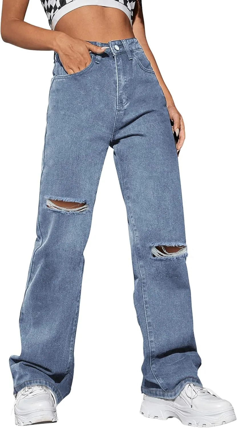 Genleck Women Loose Ripped Boyfriends Jeans High Waist Baggy Denim Pants Distressed Wide Leg Jeans Y2K
