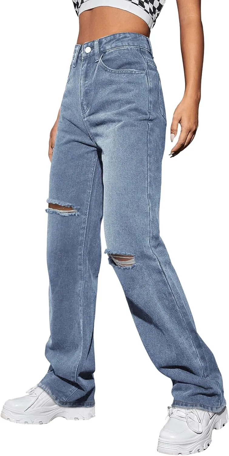 Genleck Women Loose Ripped Boyfriends Jeans High Waist Baggy Denim Pants Distressed Wide Leg Jeans Y2K
