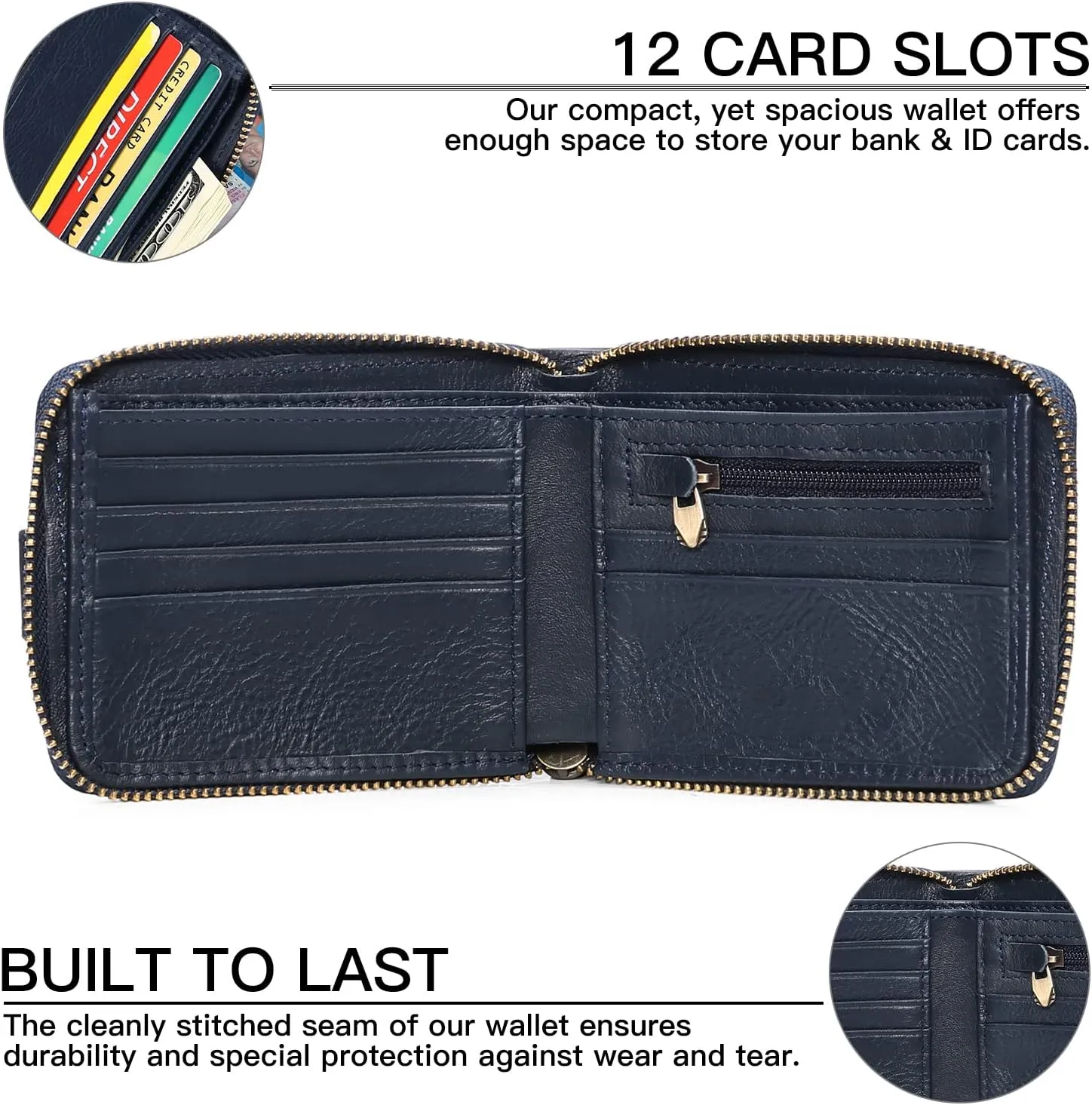 GOIACII Zipper Wallet for Men Genuine Leather RFID Blocking Mens Wallet with Zipper Coin Pocket ID Window Zipper Wallets Large Capacity