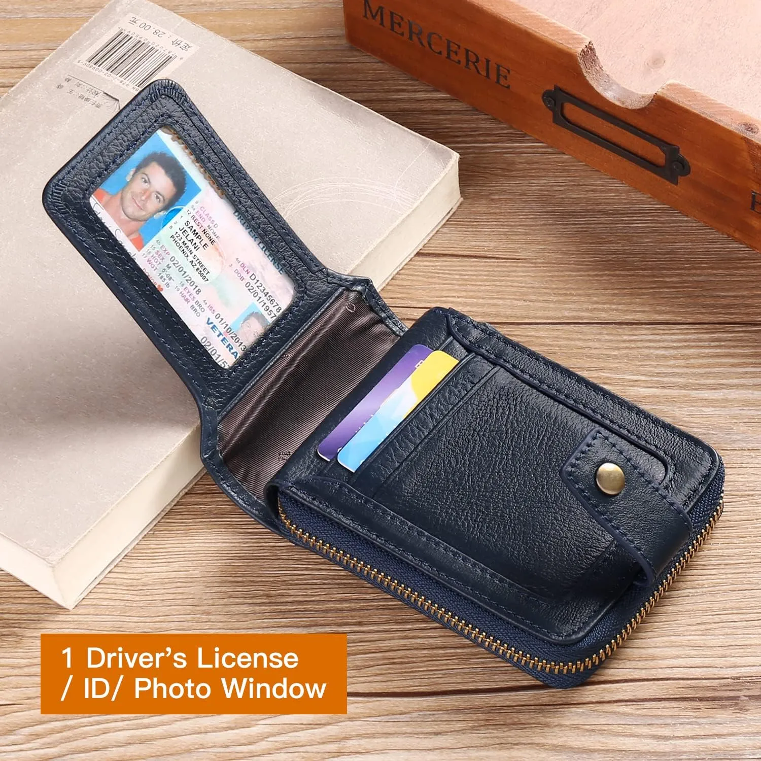 GOIACII Zipper Wallet for Men Genuine Leather RFID Blocking Mens Wallet with Zipper Coin Pocket ID Window Zipper Wallets Large Capacity