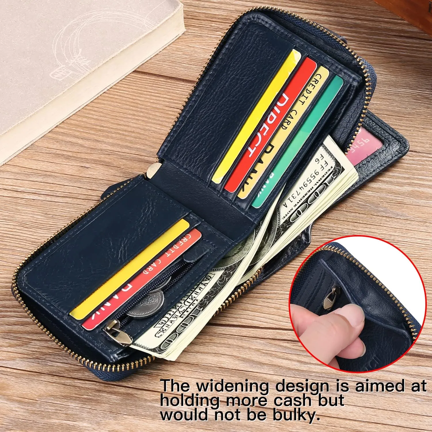 GOIACII Zipper Wallet for Men Genuine Leather RFID Blocking Mens Wallet with Zipper Coin Pocket ID Window Zipper Wallets Large Capacity