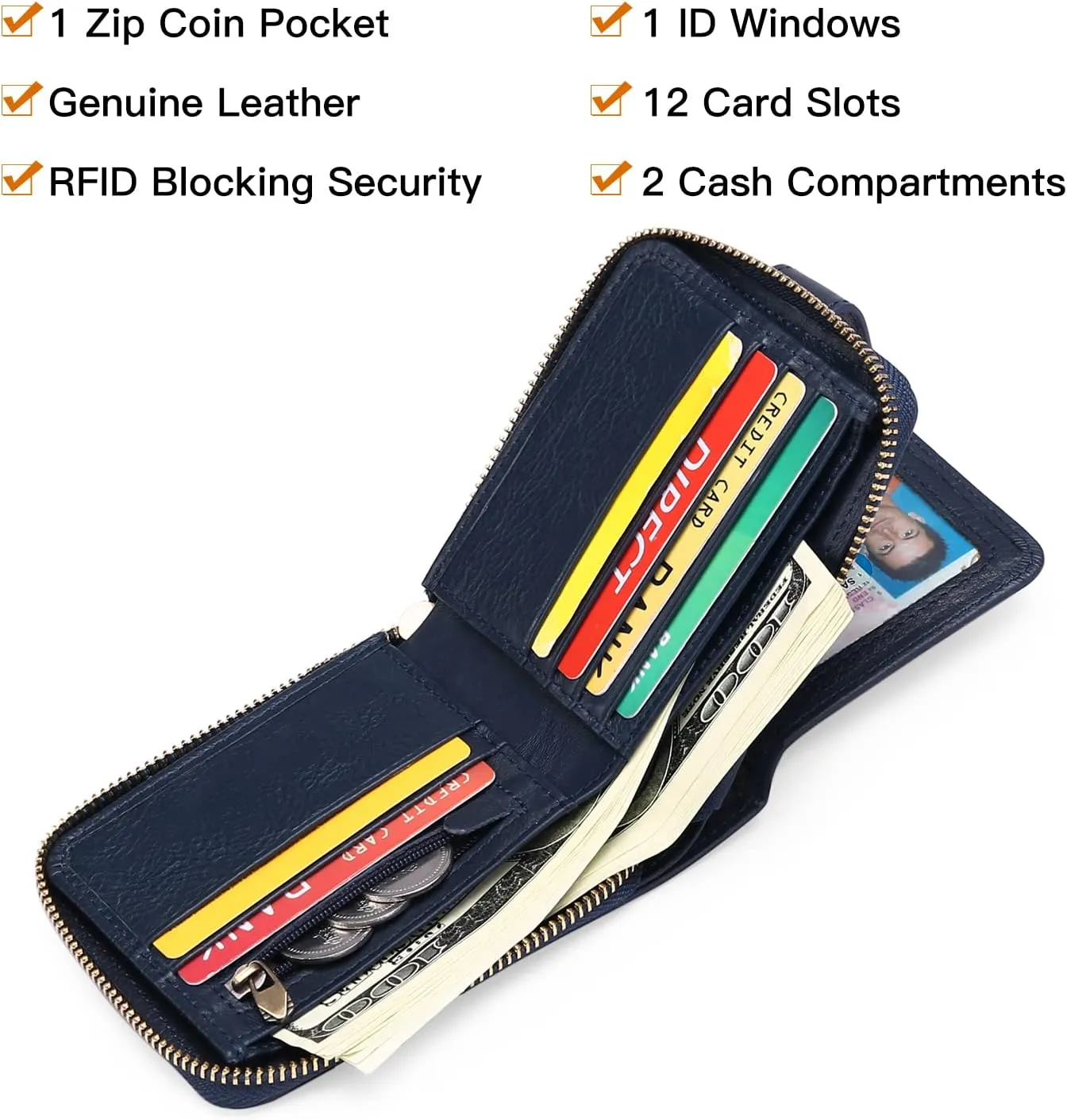 GOIACII Zipper Wallet for Men Genuine Leather RFID Blocking Mens Wallet with Zipper Coin Pocket ID Window Zipper Wallets Large Capacity