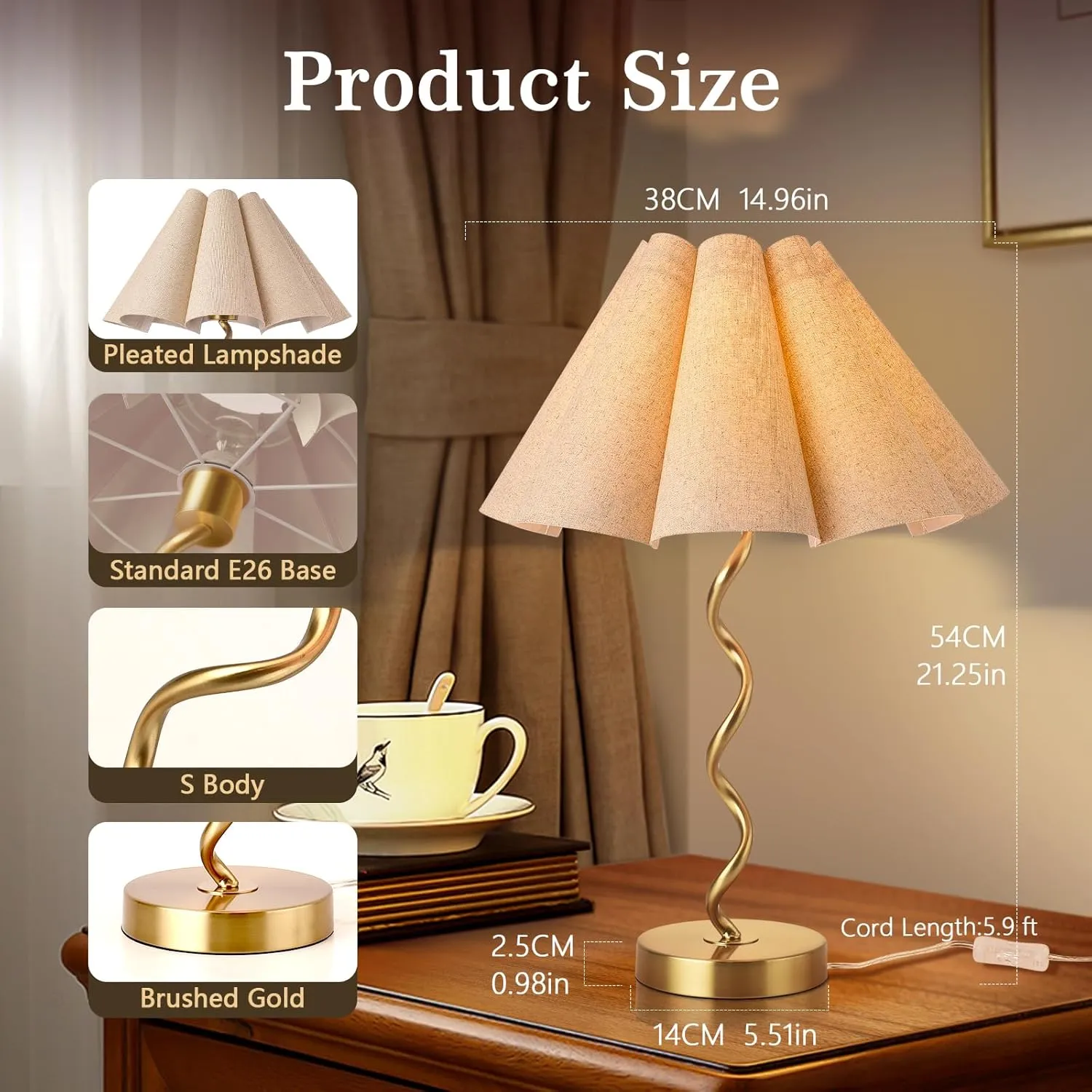 Gold Small Modern Table Lamp for Nightstand Decor, Scalloped Pleated Lamps Wavy Lamp Bow Table Lamps for Kitchen Counter, Bedside, Bedroom, Living Room, Kitchen