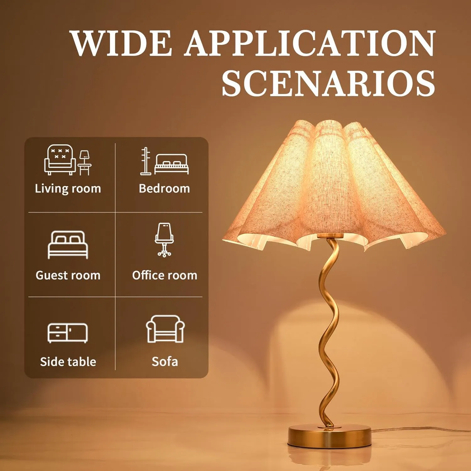 Gold Small Modern Table Lamp for Nightstand Decor, Scalloped Pleated Lamps Wavy Lamp Bow Table Lamps for Kitchen Counter, Bedside, Bedroom, Living Room, Kitchen