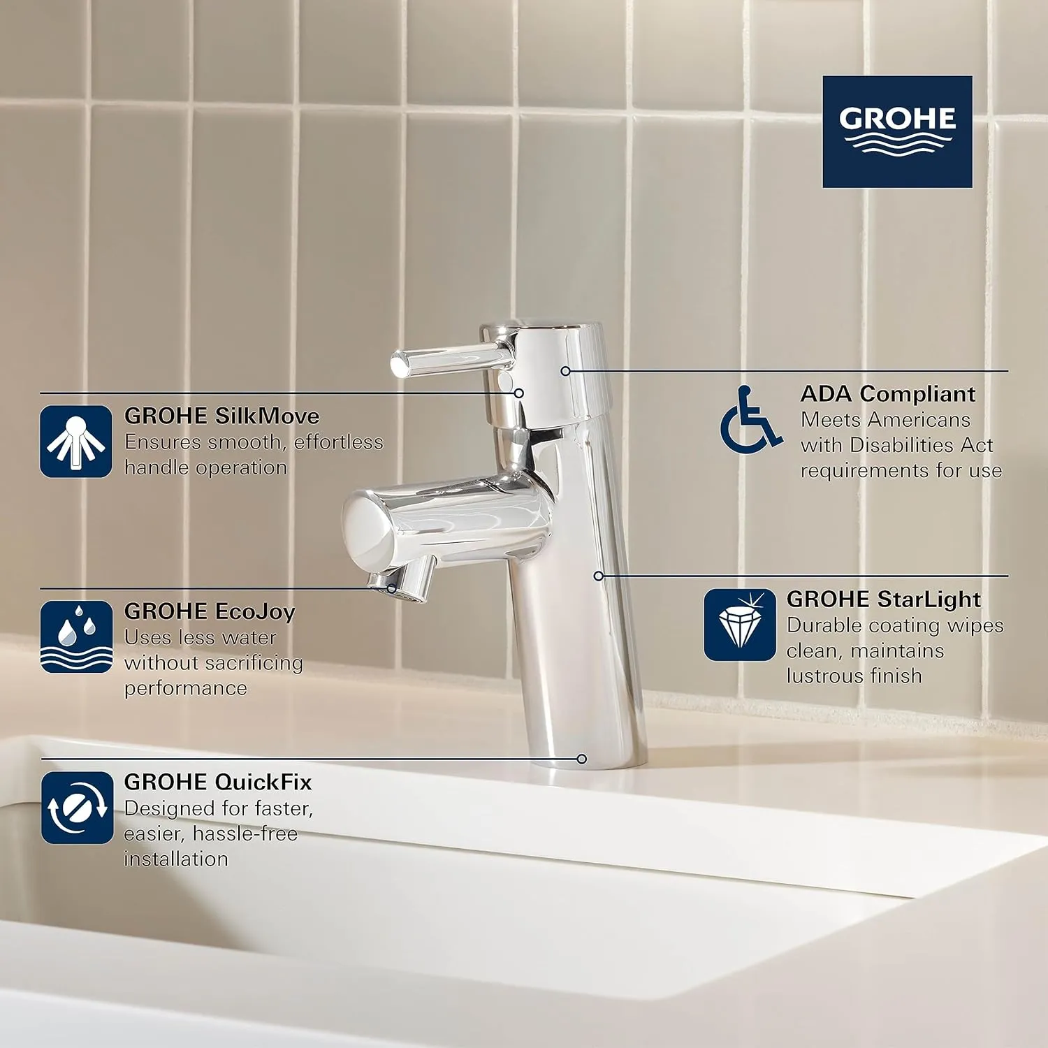 GROHE 3427100A Concetto S-Size Single-Handle Single-Hole Bathroom Faucet Without Pop-Up - 1.2 GPM