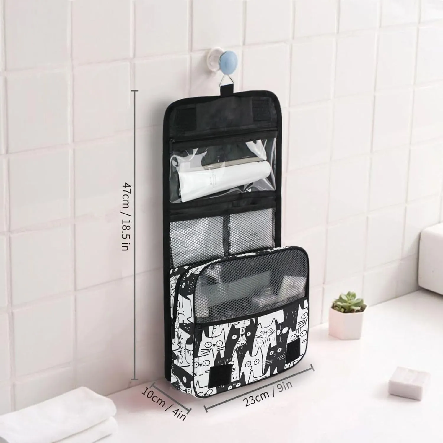 Hanging Toiletry Bag Black Cats Doodle Travel Makeup bag for Toiletries Portable Travel Toiletry Organizer Cosmetic Bags with Hanging Hook