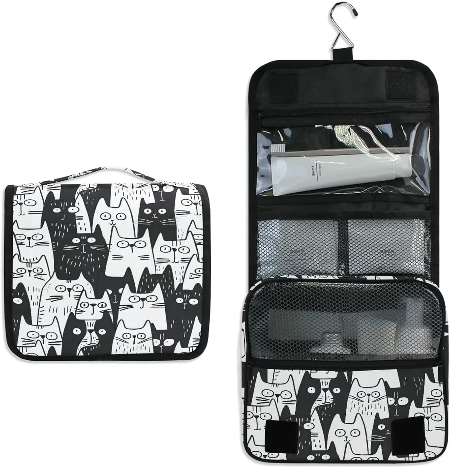 Hanging Toiletry Bag Black Cats Doodle Travel Makeup bag for Toiletries Portable Travel Toiletry Organizer Cosmetic Bags with Hanging Hook