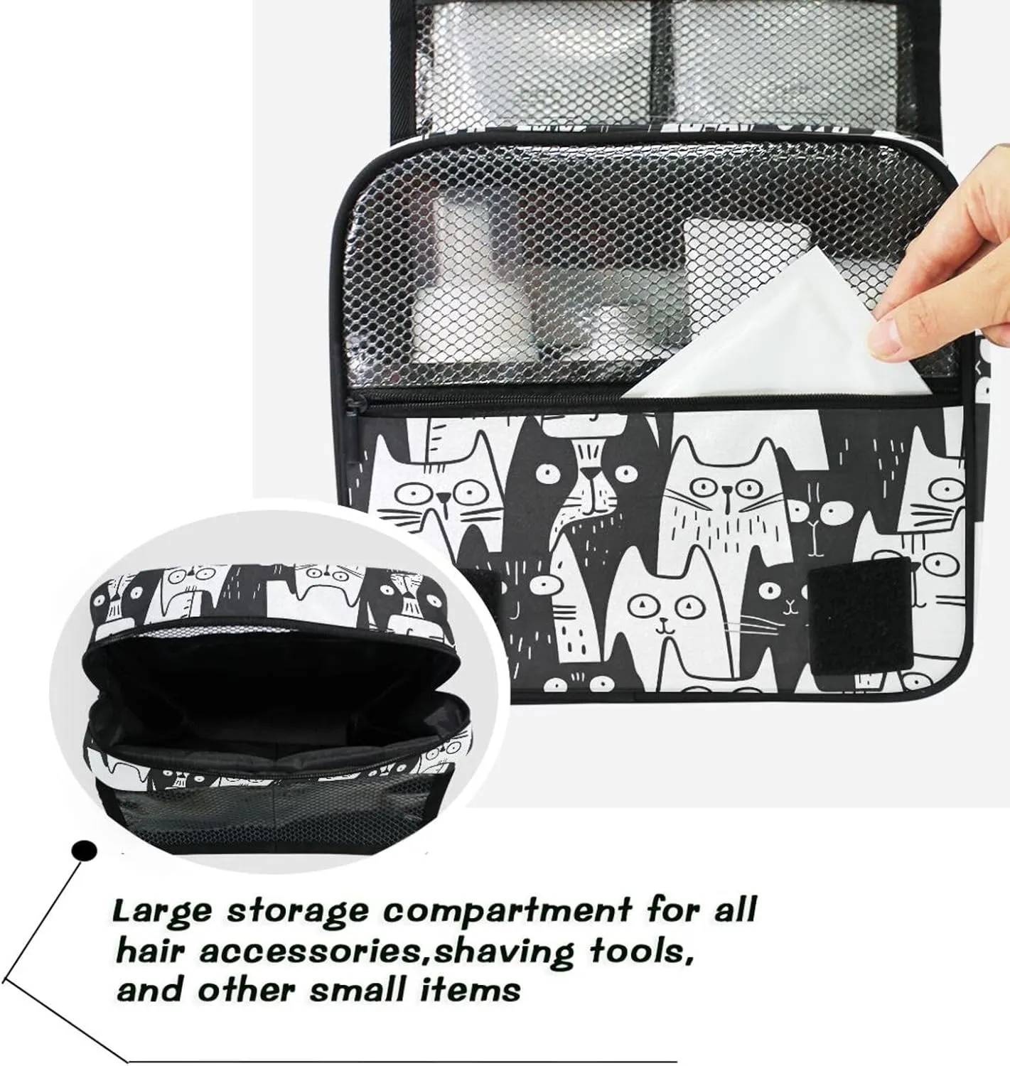 Hanging Toiletry Bag Black Cats Doodle Travel Makeup bag for Toiletries Portable Travel Toiletry Organizer Cosmetic Bags with Hanging Hook