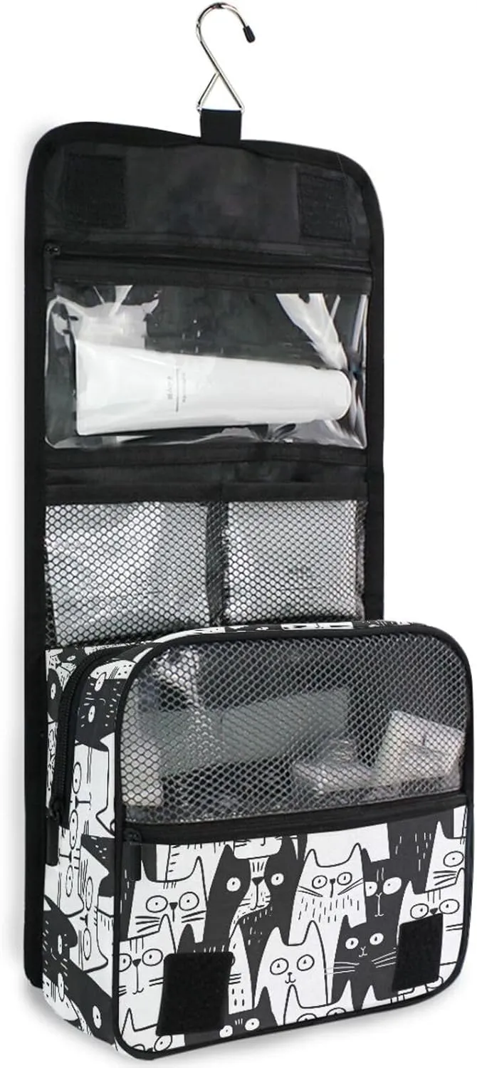 Hanging Toiletry Bag Black Cats Doodle Travel Makeup bag for Toiletries Portable Travel Toiletry Organizer Cosmetic Bags with Hanging Hook