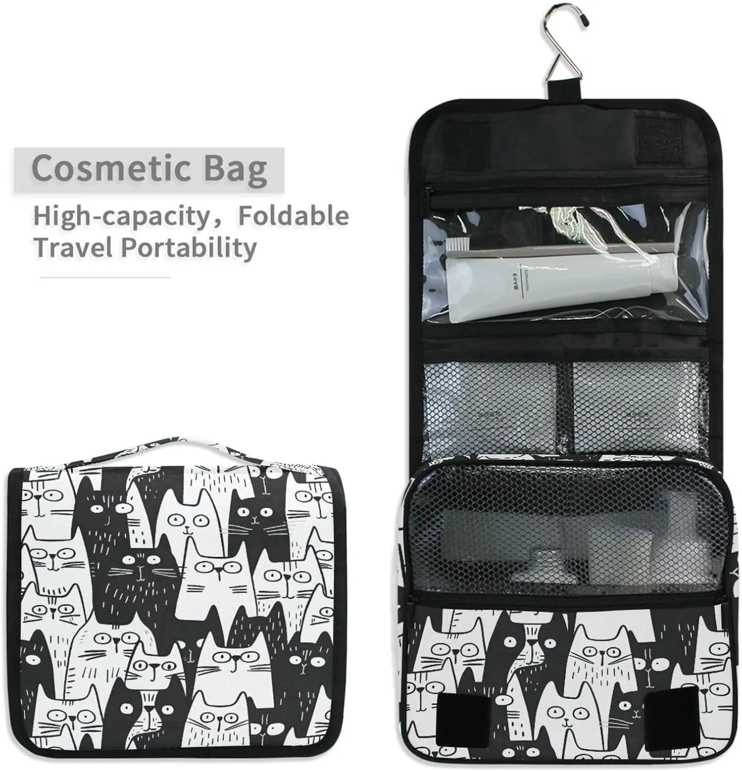 Hanging Toiletry Bag Black Cats Doodle Travel Makeup bag for Toiletries Portable Travel Toiletry Organizer Cosmetic Bags with Hanging Hook
