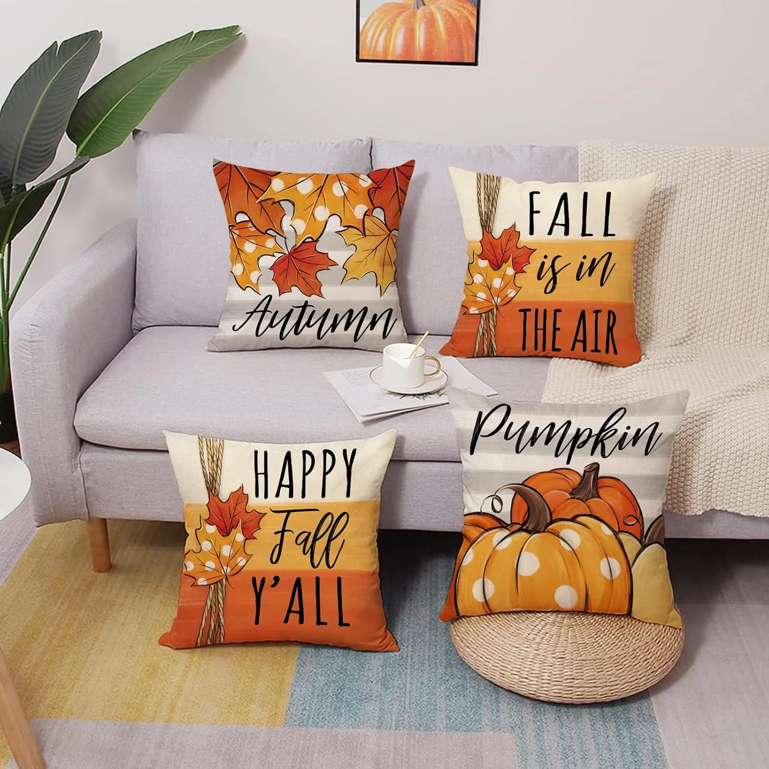 Happy Fall Y'all Pumpkin Patch Decorative Throw Pillow Covers 18 x 18 Set of 4, Autumn Maple Leaves Porch Outdoor Home Decor, Orange Polka Dots Stripes Thanksgiving Farmhouse Couch Cushion Case