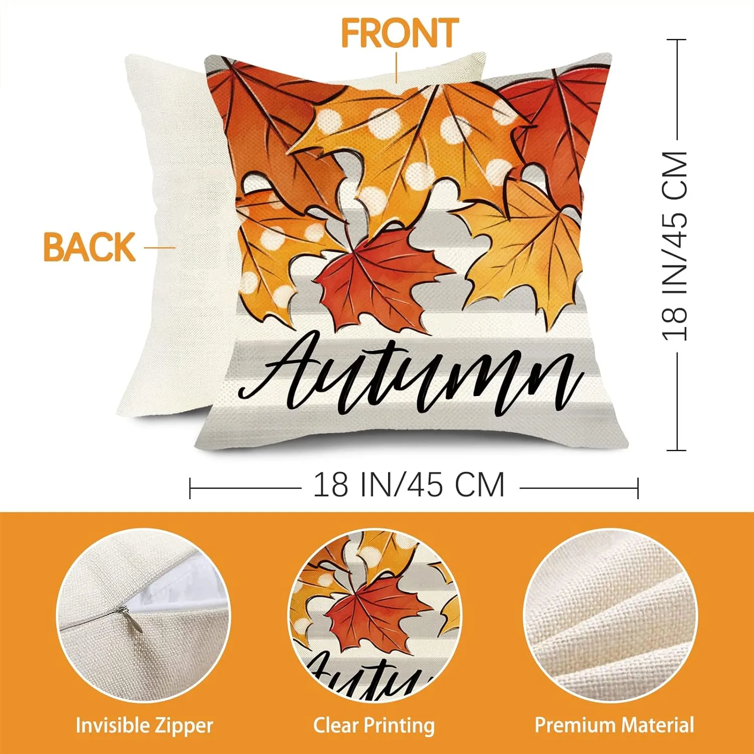 Happy Fall Y'all Pumpkin Patch Decorative Throw Pillow Covers 18 x 18 Set of 4, Autumn Maple Leaves Porch Outdoor Home Decor, Orange Polka Dots Stripes Thanksgiving Farmhouse Couch Cushion Case
