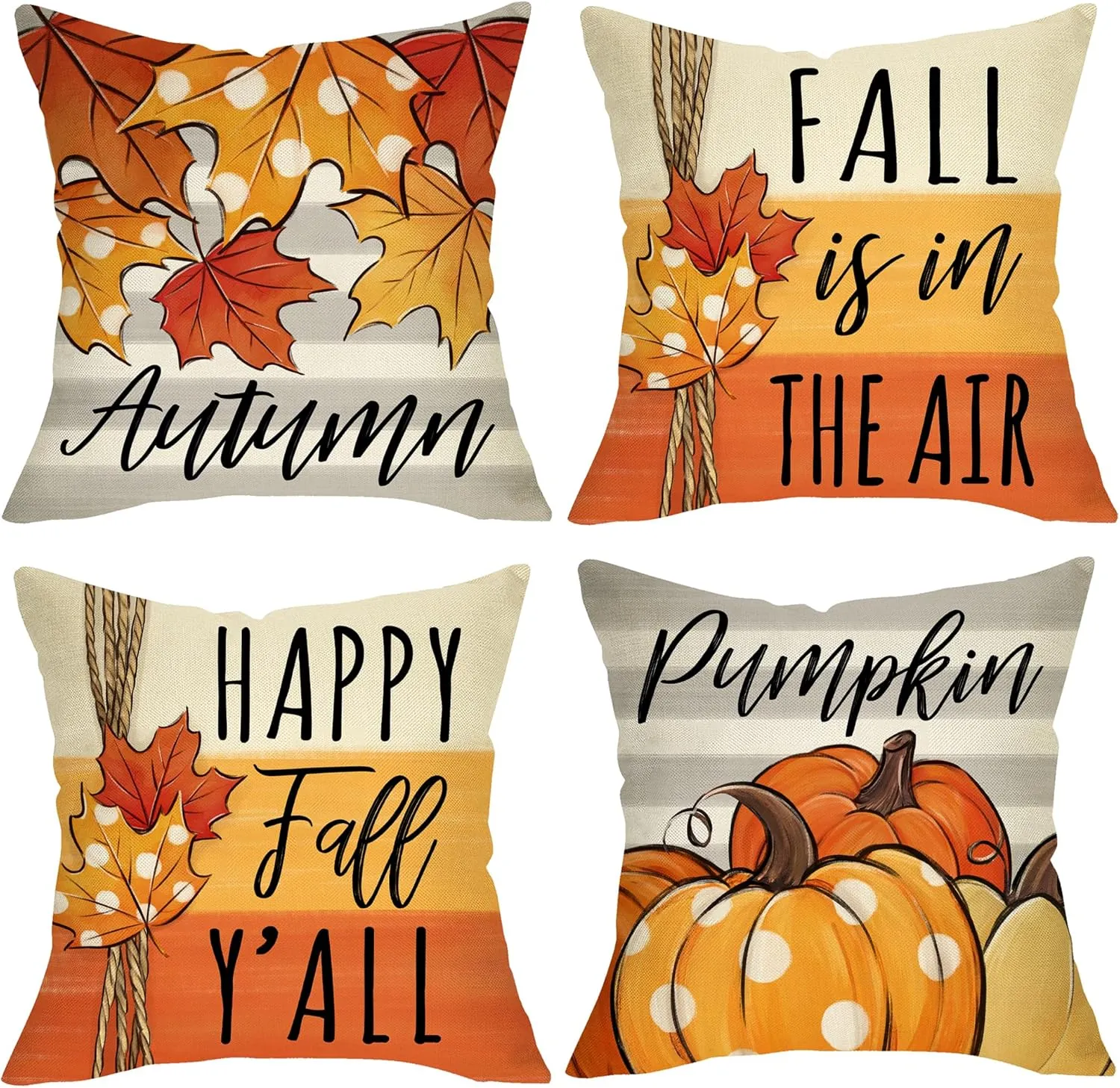 Happy Fall Y'all Pumpkin Patch Decorative Throw Pillow Covers 18 x 18 Set of 4, Autumn Maple Leaves Porch Outdoor Home Decor, Orange Polka Dots Stripes Thanksgiving Farmhouse Couch Cushion Case
