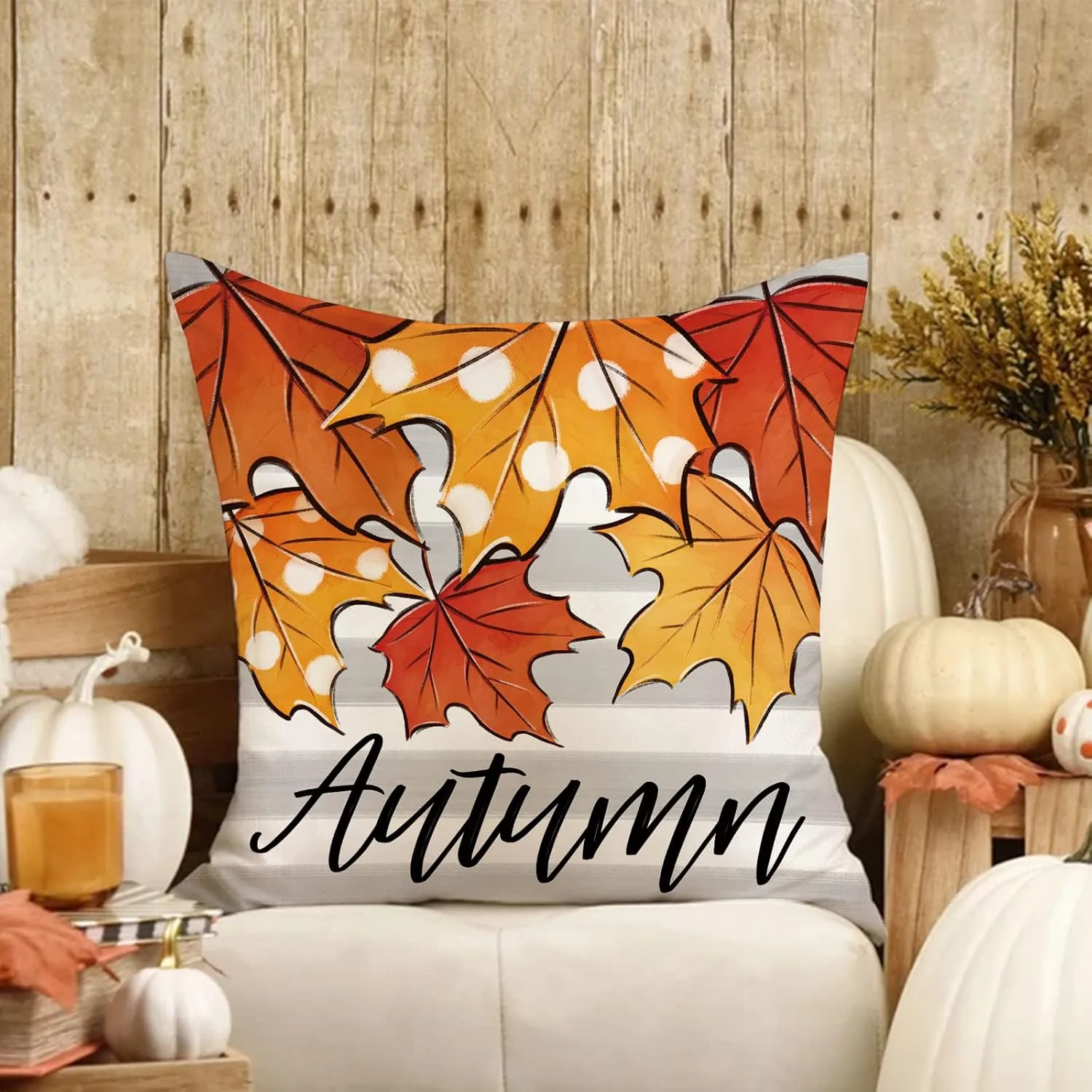 Happy Fall Y'all Pumpkin Patch Decorative Throw Pillow Covers 18 x 18 Set of 4, Autumn Maple Leaves Porch Outdoor Home Decor, Orange Polka Dots Stripes Thanksgiving Farmhouse Couch Cushion Case