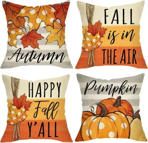Happy Fall Y'all Pumpkin Patch Decorative Throw Pillow Covers 18 x 18 Set of 4, Autumn Maple Leaves Porch Outdoor Home Decor, Orange Polka Dots Stripes Thanksgiving Farmhouse Couch Cushion Case