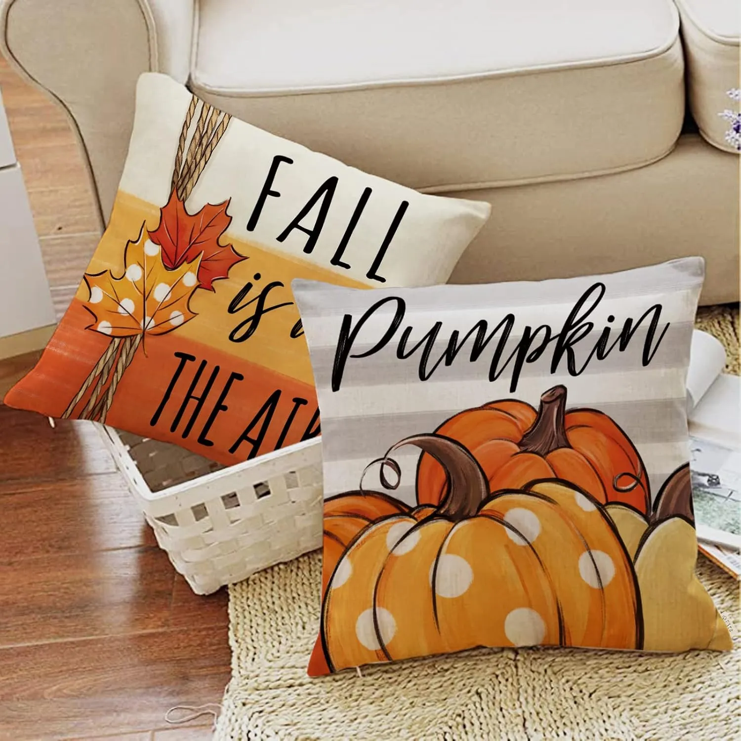 Happy Fall Y'all Pumpkin Patch Decorative Throw Pillow Covers 18 x 18 Set of 4, Autumn Maple Leaves Porch Outdoor Home Decor, Orange Polka Dots Stripes Thanksgiving Farmhouse Couch Cushion Case