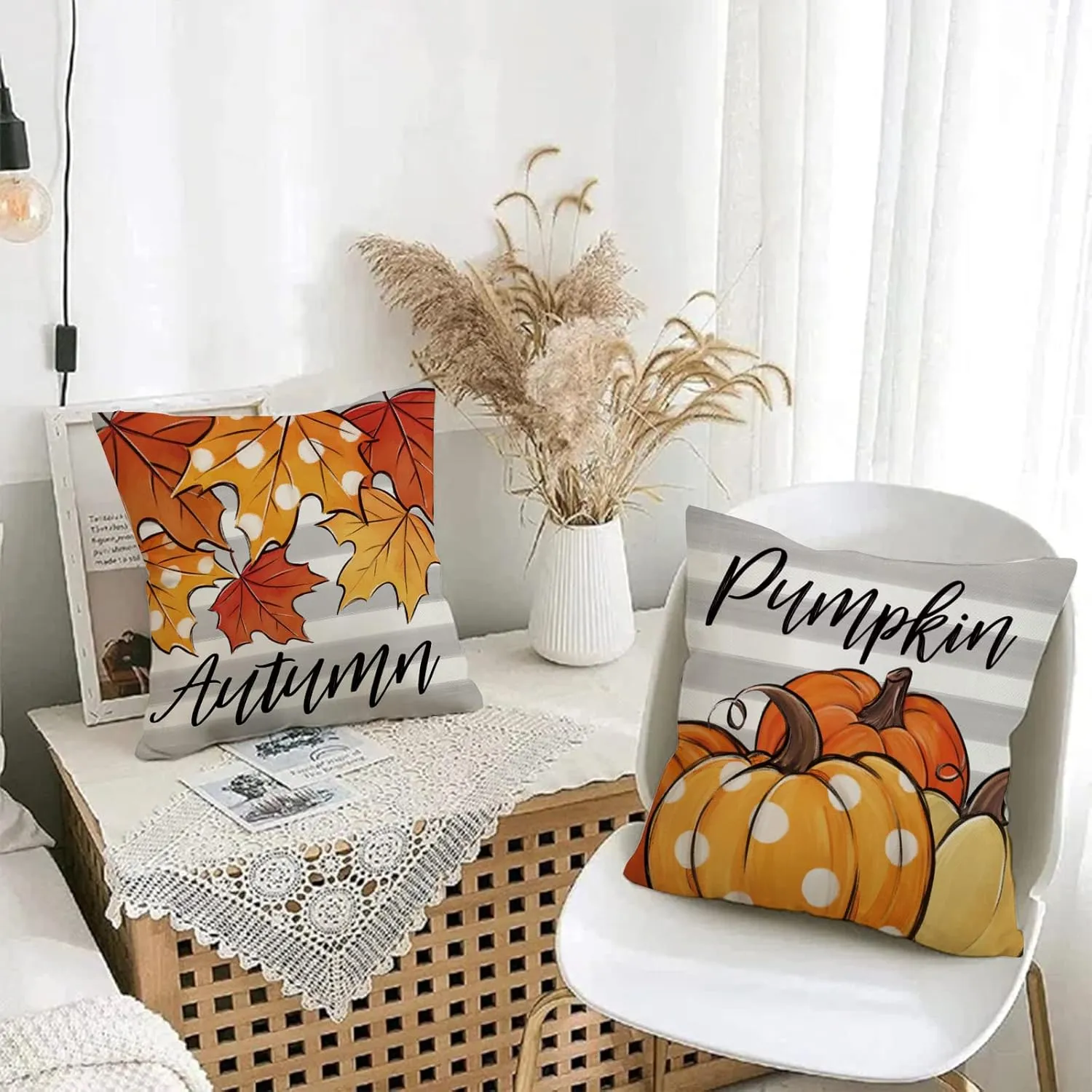 Happy Fall Y'all Pumpkin Patch Decorative Throw Pillow Covers 18 x 18 Set of 4, Autumn Maple Leaves Porch Outdoor Home Decor, Orange Polka Dots Stripes Thanksgiving Farmhouse Couch Cushion Case