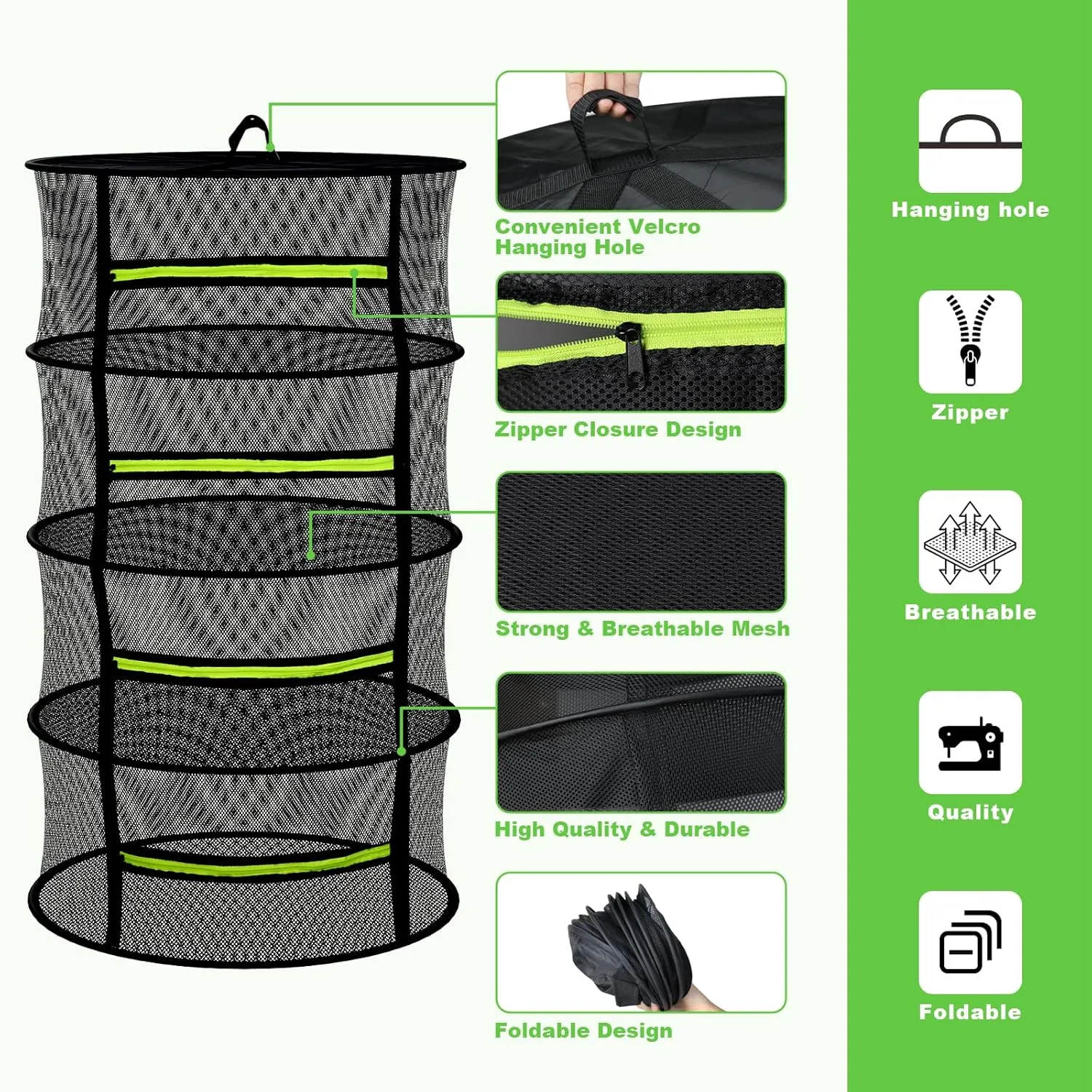 Herb Drying Rack - Mesh Drying Rack - Herb Drying Rack Hanging with Green Zipper & Garden Pruning Shears for Drying Herb - Hanging Drying Rack - Plant Drying Rack (6 Layers)