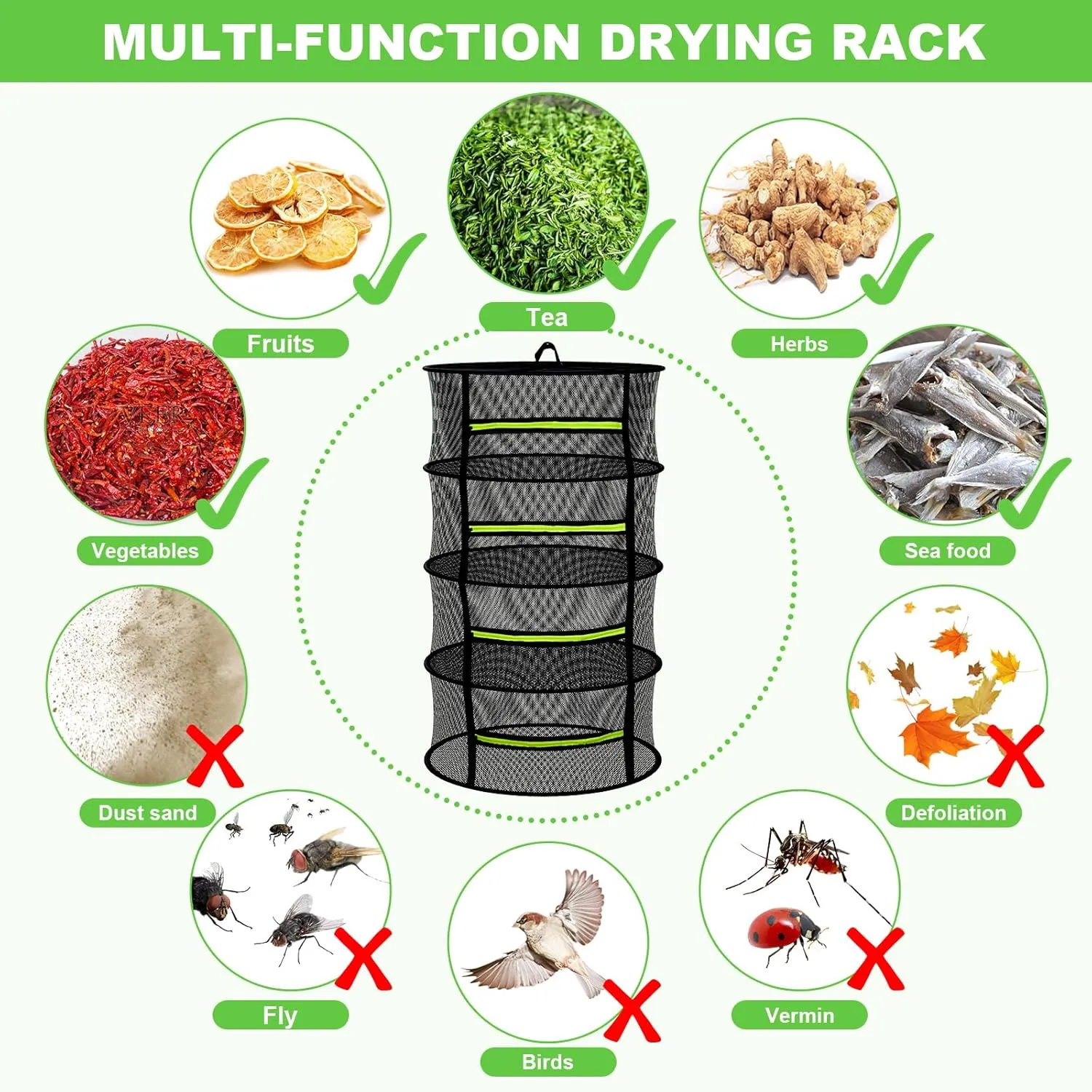 Herb Drying Rack - Mesh Drying Rack - Herb Drying Rack Hanging with Green Zipper & Garden Pruning Shears for Drying Herb - Hanging Drying Rack - Plant Drying Rack (6 Layers)