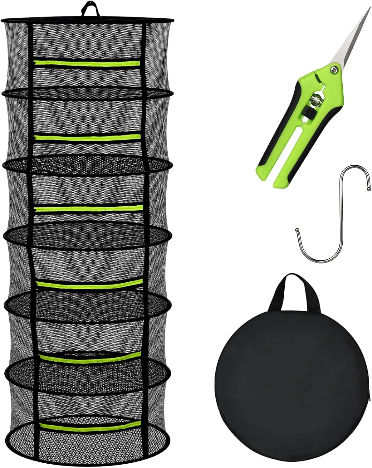 Herb Drying Rack - Mesh Drying Rack - Herb Drying Rack Hanging with Green Zipper & Garden Pruning Shears for Drying Herb - Hanging Drying Rack - Plant Drying Rack (6 Layers)