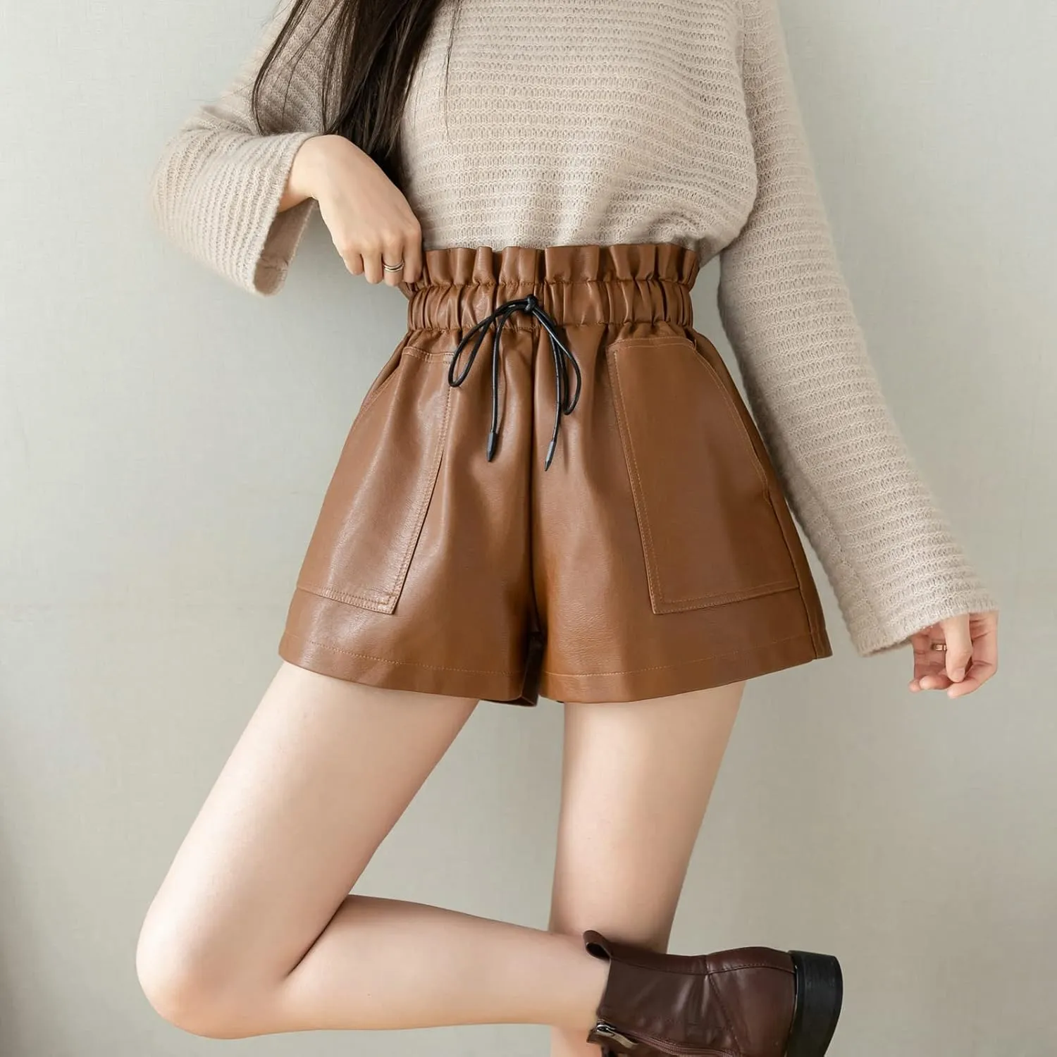 High Waisted Wide Leg Black Faux Leather Shorts for Women