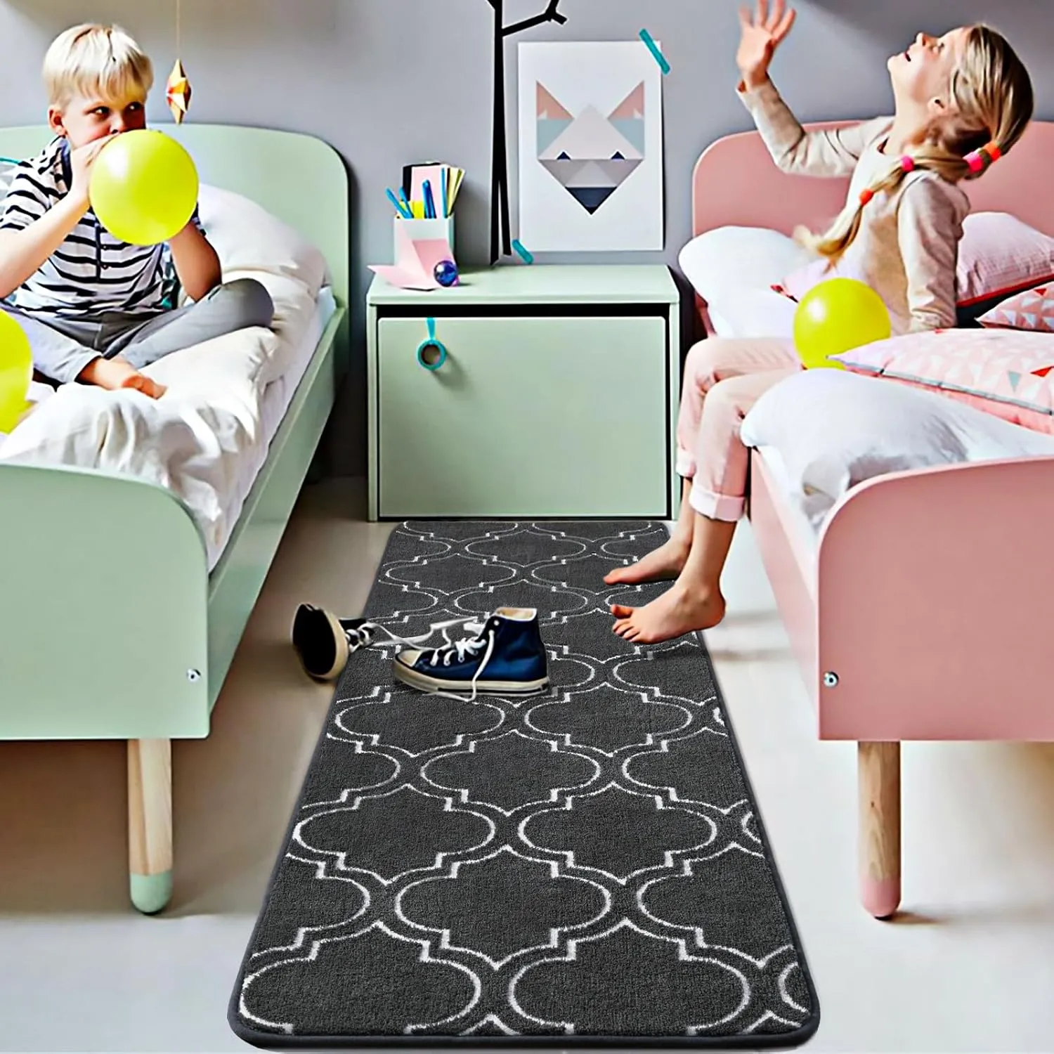 HOMORE 2x6 Runner Rug, Long Shag Area Rug for Bedroom Living Room Couch Hallyway, Super Soft Memory Foam Rugs for Kids Nursery Dorm, Gray/White