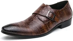 HOOENG Formal Shoes for Men Slip On Pointed Burnished Toe Faux Leather Crocodile Print Monk Strap Block Heel Slip Resistant Anti-Slip Outdoor(Color:Brown,Size:7.5)