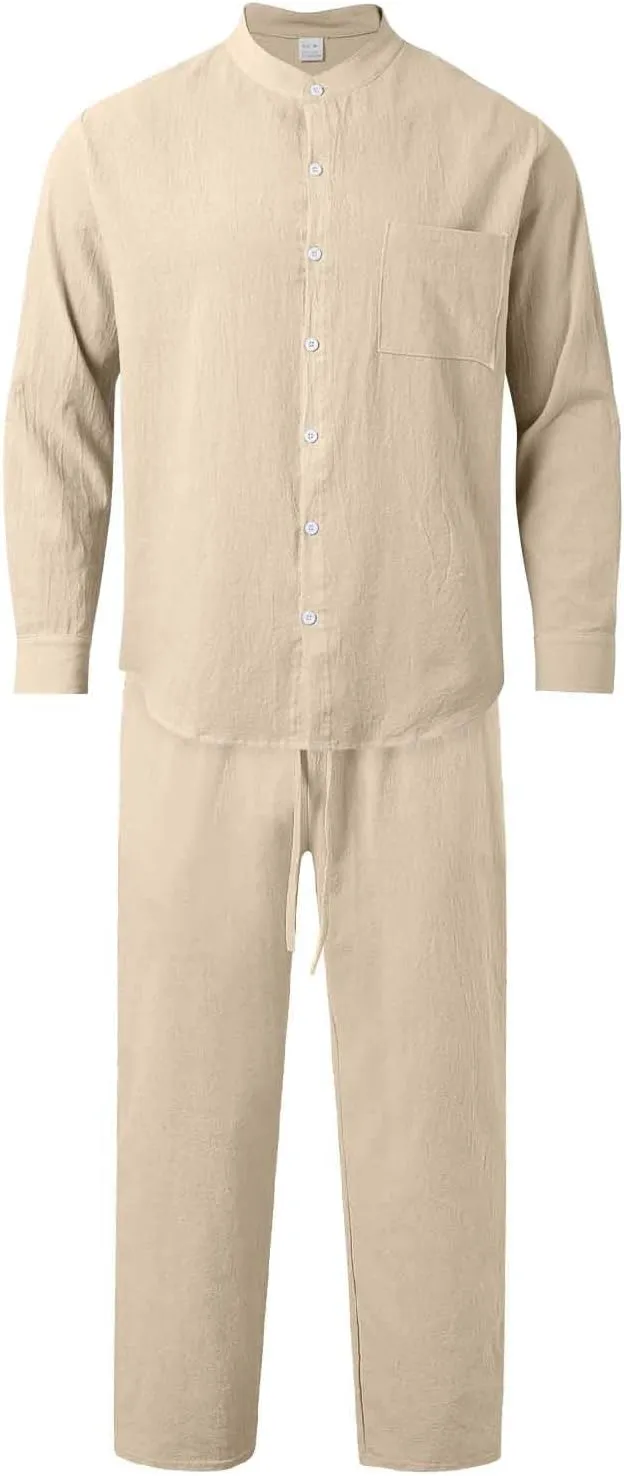 Jacquard Set Men, Summer Knitted Loose Fit Sweatshirt V-Neck Long Sleeve Tops and Drawstring Jogging Pants Suit 2 Piece
