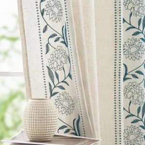 jinchan Linen Curtains for Bedroom 84 Inches Length Linen Blended Embroidered Floral Curtains for Living Room Farmhouse Decor Light Filtering Window Treatments Blue on Beige Drapes 2 Panels