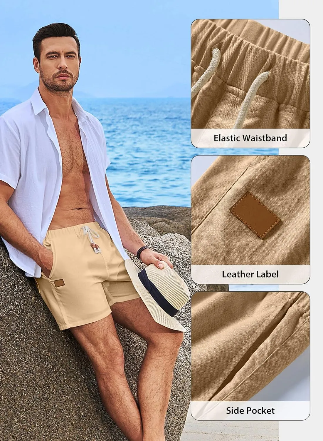 JMIERR Mens Casual 5"/ 7" Cotton Linen Shorts - Elastic Waist Drawstring Summer Beach Shorts with Pockets