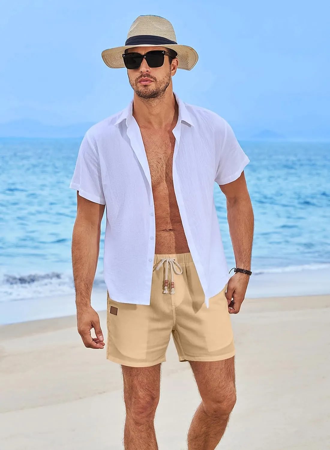 JMIERR Mens Casual 5"/ 7" Cotton Linen Shorts - Elastic Waist Drawstring Summer Beach Shorts with Pockets