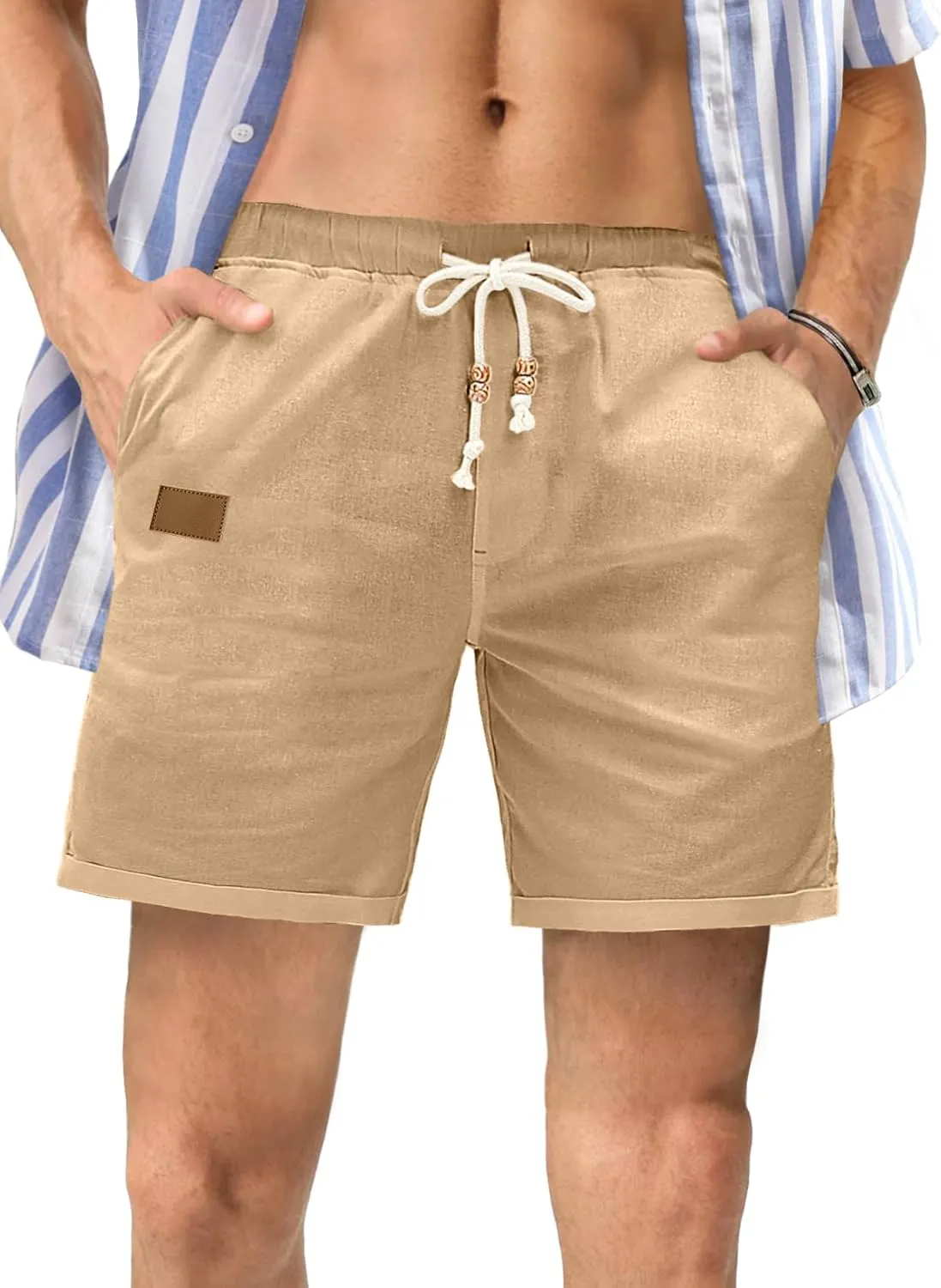 JMIERR Mens Casual 5"/ 7" Cotton Linen Shorts - Elastic Waist Drawstring Summer Beach Shorts with Pockets