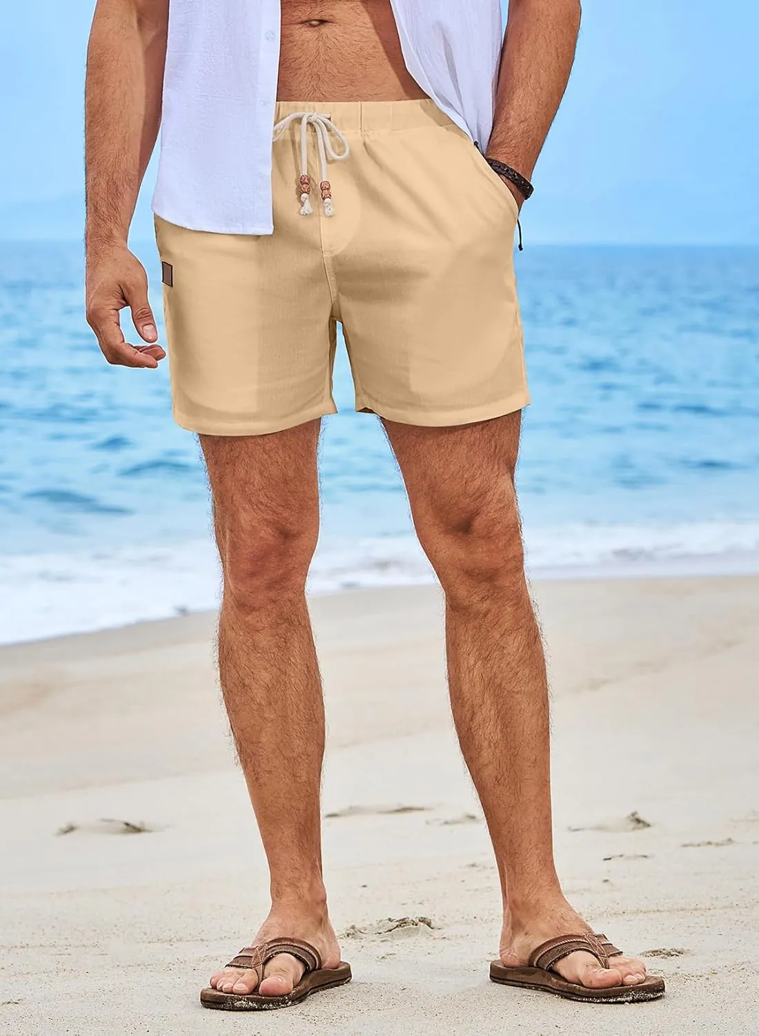 JMIERR Mens Casual 5"/ 7" Cotton Linen Shorts - Elastic Waist Drawstring Summer Beach Shorts with Pockets