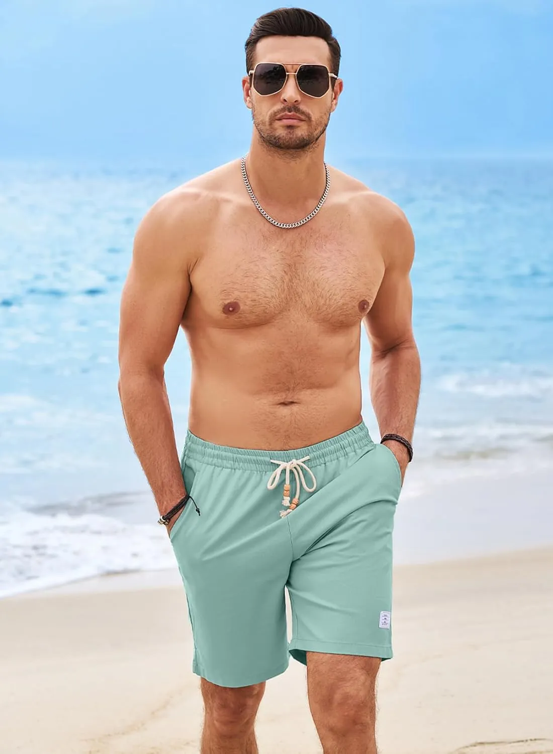 JMIERR Mens Shorts Linen Cotton 7" Casual Elastic Waist Drawstring Lightweight Summer Beach Shorts with Pockets