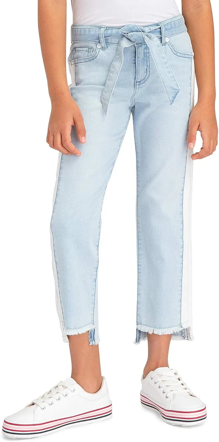 Jordache Premium Girls' Color Block Side Stripe Belted Denim Jean (White Light Wash)