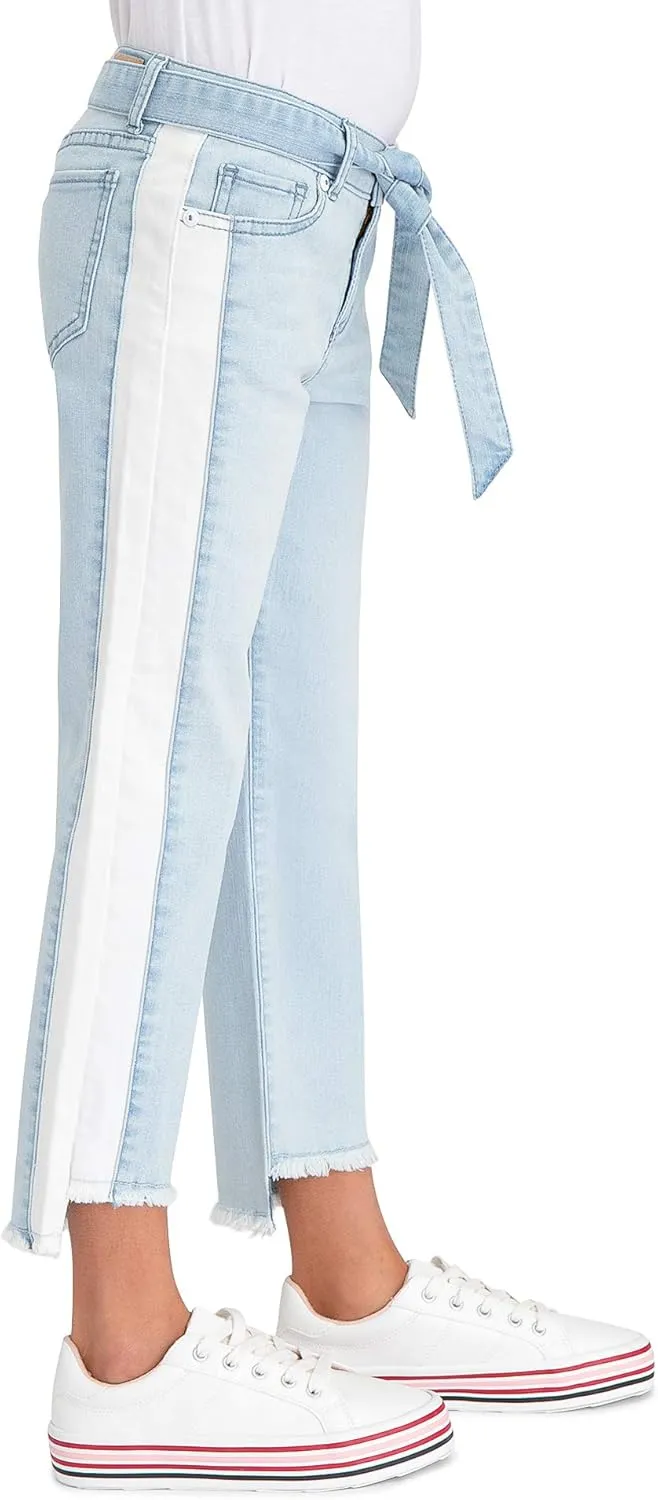 Jordache Premium Girls' Color Block Side Stripe Belted Denim Jean (White Light Wash)