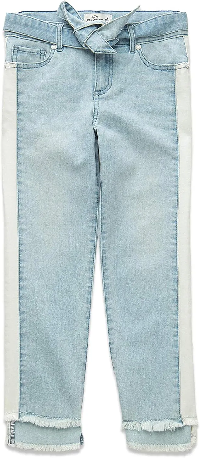Jordache Premium Girls' Color Block Side Stripe Belted Denim Jean (White Light Wash)