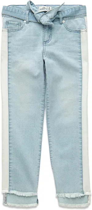 Jordache Premium Girls' Color Block Side Stripe Belted Denim Jean (White Light Wash)
