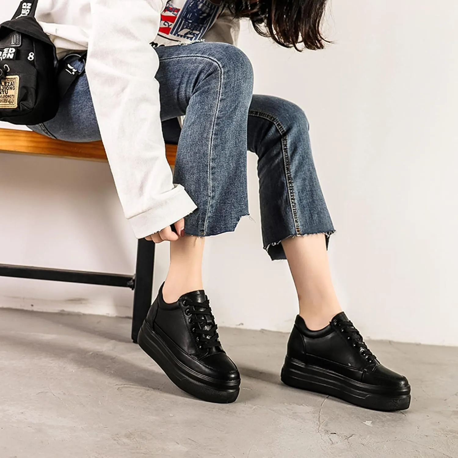 Julymens Women's Platform Lace-Up Sneakers Hidden Wedge Heel Faux Leather Casual Sports Shoes