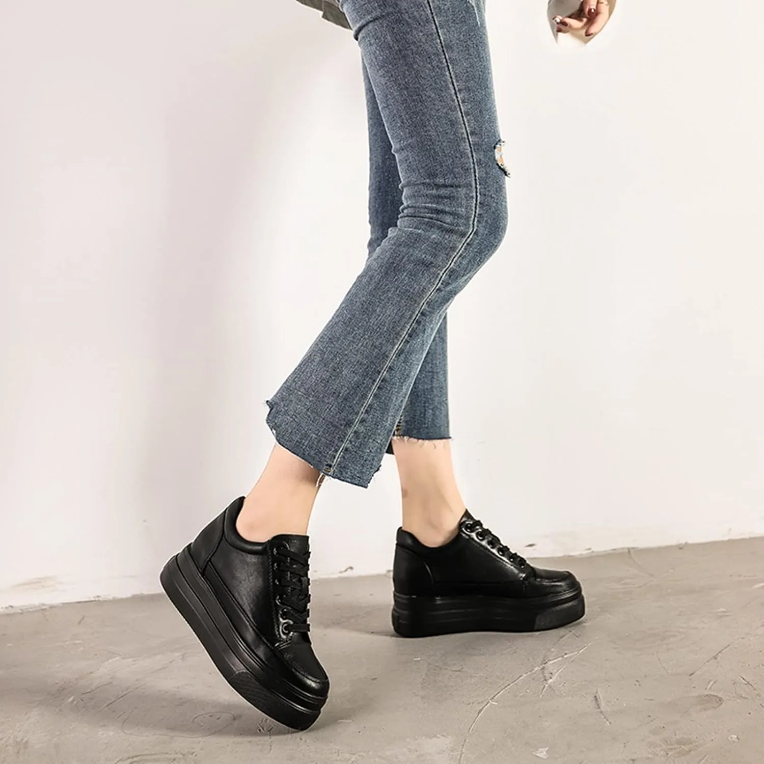 Julymens Women's Platform Lace-Up Sneakers Hidden Wedge Heel Faux Leather Casual Sports Shoes