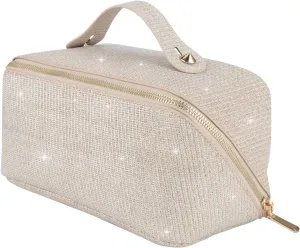 KEYPOWER Large Capacity Glitter Sequin Cosmetic Bag Travel Makeup Bag Sparkly and Shiny Portable Toiletry Bag with Handle for Women (Apricot)