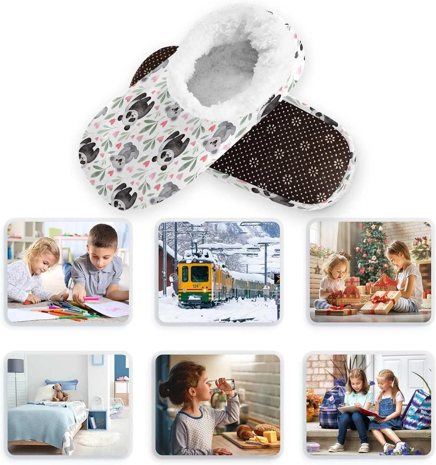 Kids Winter Slippers Panda Bear Koala Animals Hearts Leaf Warm Soft Non Slip House Slippers for Boys Girls Indoor