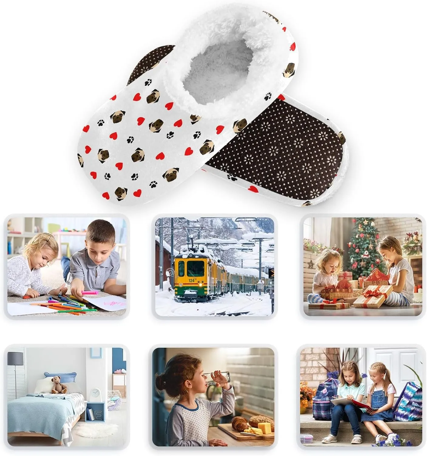 Kids Winter Slippers Pug Dog Paw Print Red Heart Animal Warm Soft Non Slip House Slippers for Boys Girls Indoor