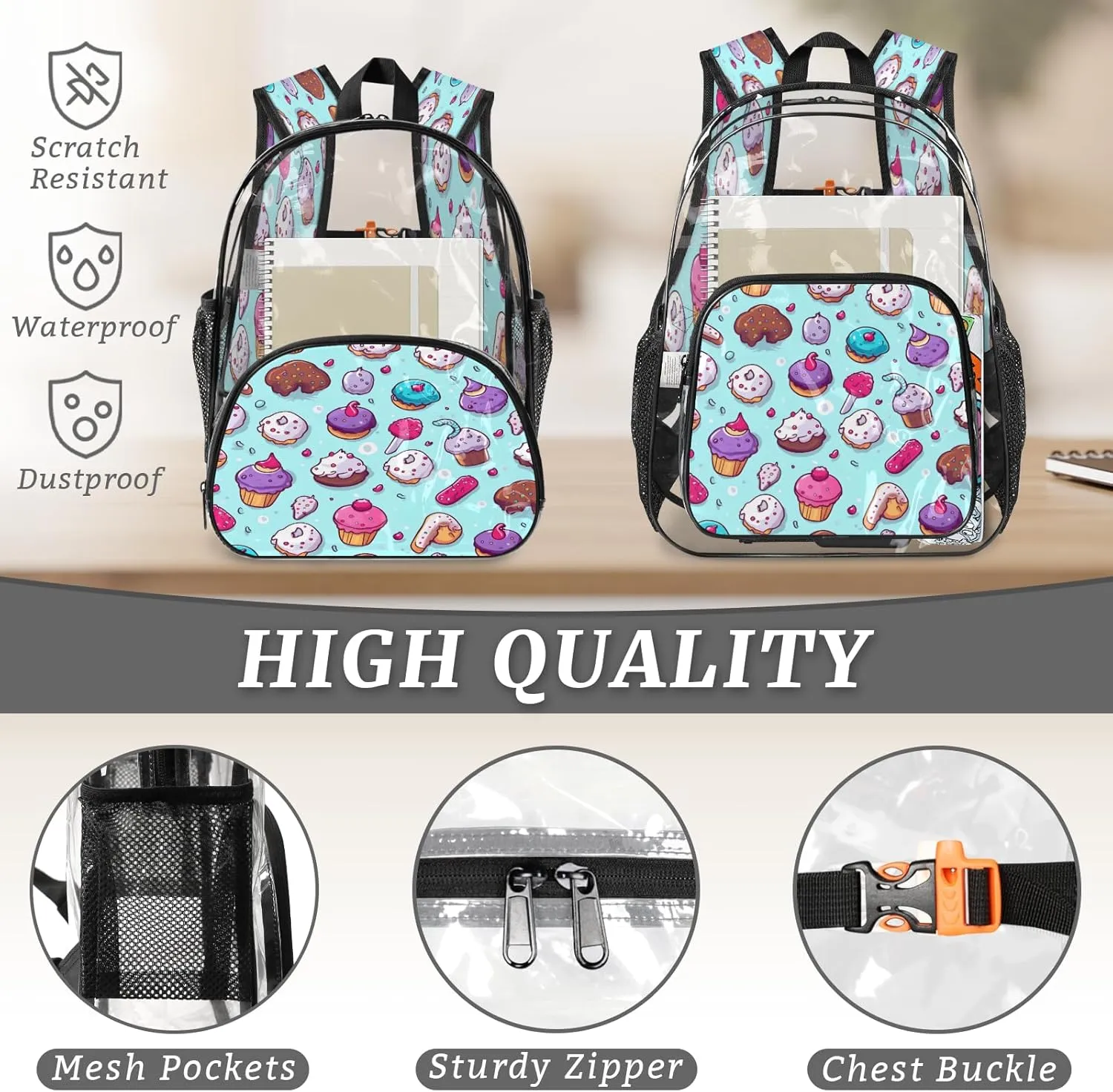 KOBLEN Bakery Delight Design 17.1 Inch Clear Backpack, Heavy Duty Transparent PVC Daypack with Adjustable Padded Straps, Large Capacity Clear Bag for Festival, Concerts, Travel