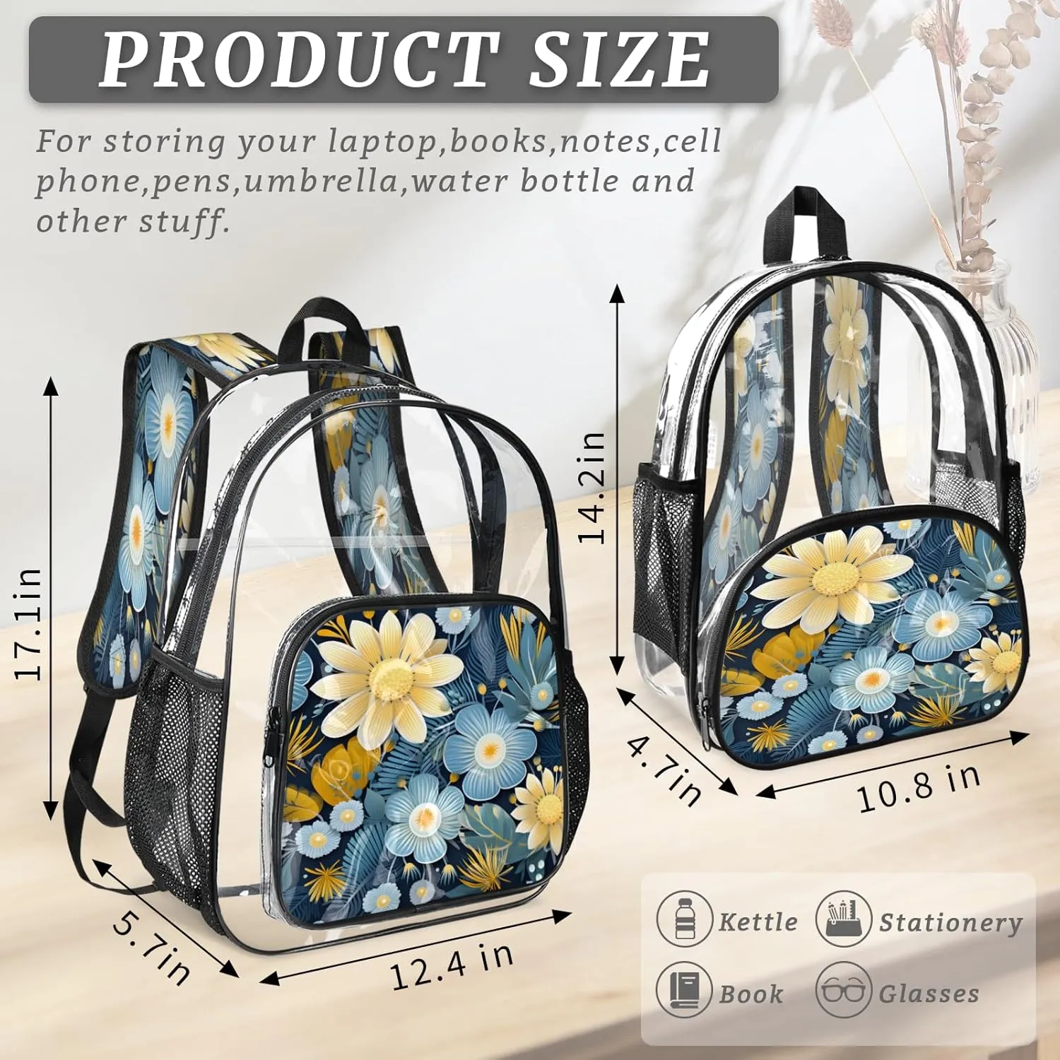 KOBLEN Blue Yellow Floral 14.2 Inch Clear Backpack, Heavy Duty Transparent PVC Daypack with Adjustable Padded Straps, Large Capacity Clear Bag for Festival, Concerts, Travel