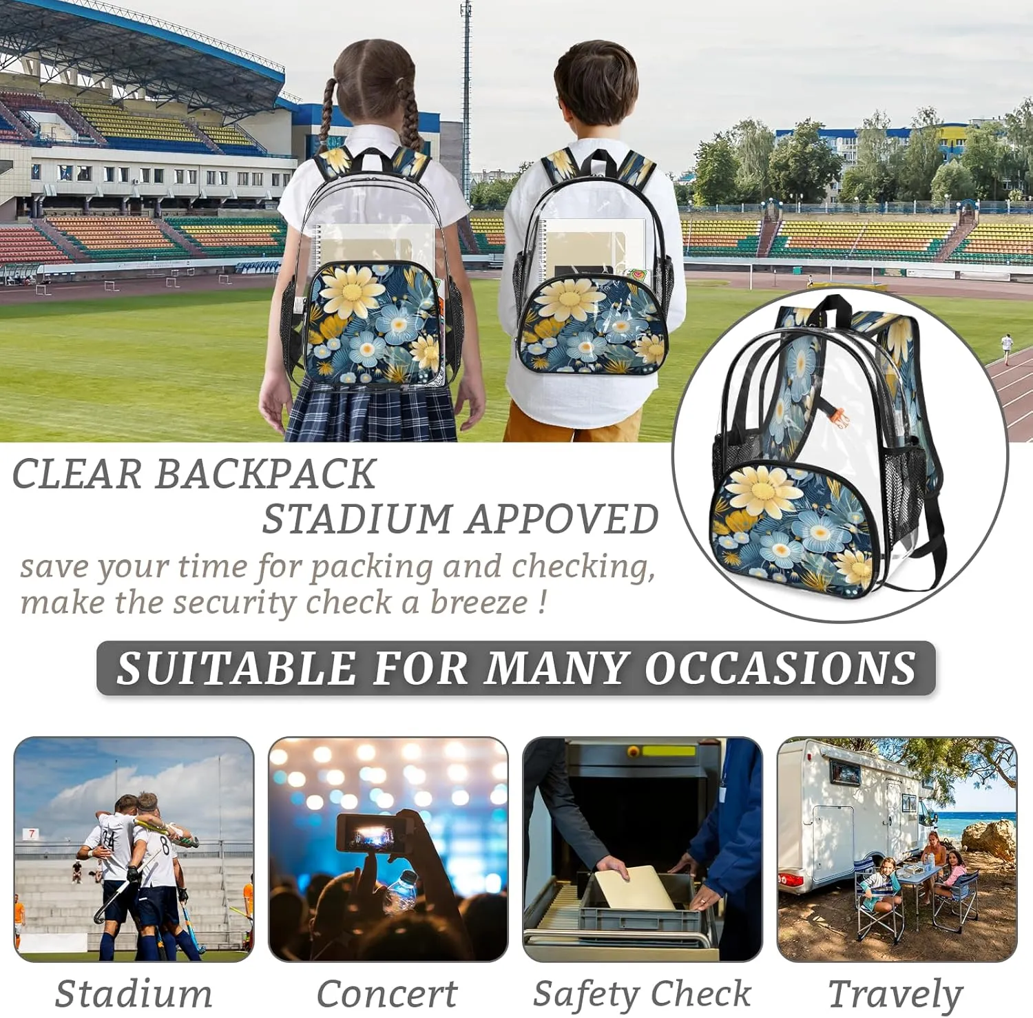 KOBLEN Blue Yellow Floral 14.2 Inch Clear Backpack, Heavy Duty Transparent PVC Daypack with Adjustable Padded Straps, Large Capacity Clear Bag for Festival, Concerts, Travel