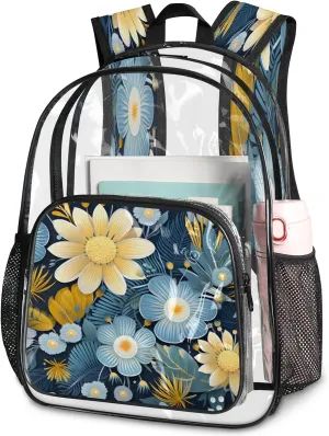 KOBLEN Blue Yellow Floral 14.2 Inch Clear Backpack, Heavy Duty Transparent PVC Daypack with Adjustable Padded Straps, Large Capacity Clear Bag for Festival, Concerts, Travel