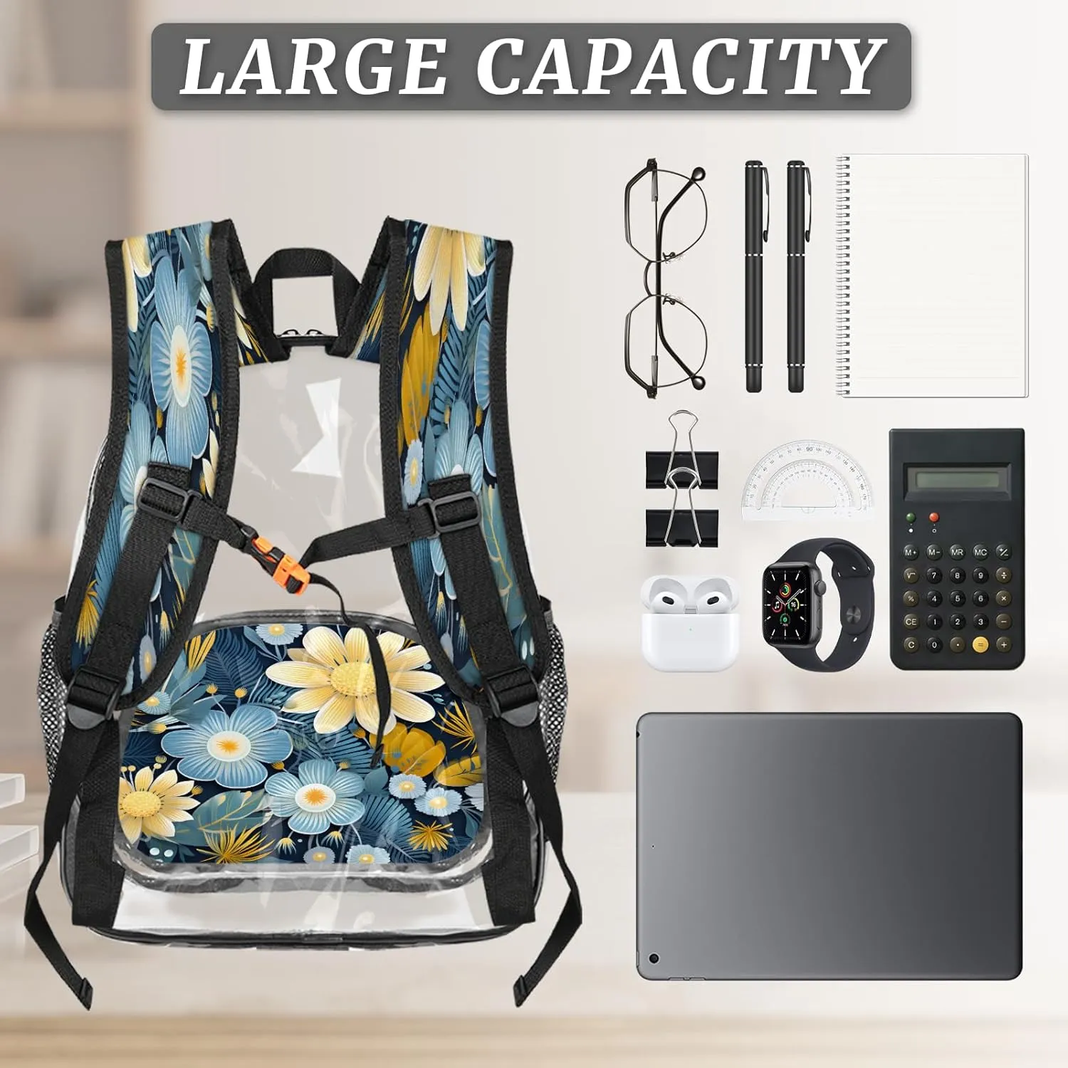 KOBLEN Blue Yellow Floral 14.2 Inch Clear Backpack, Heavy Duty Transparent PVC Daypack with Adjustable Padded Straps, Large Capacity Clear Bag for Festival, Concerts, Travel